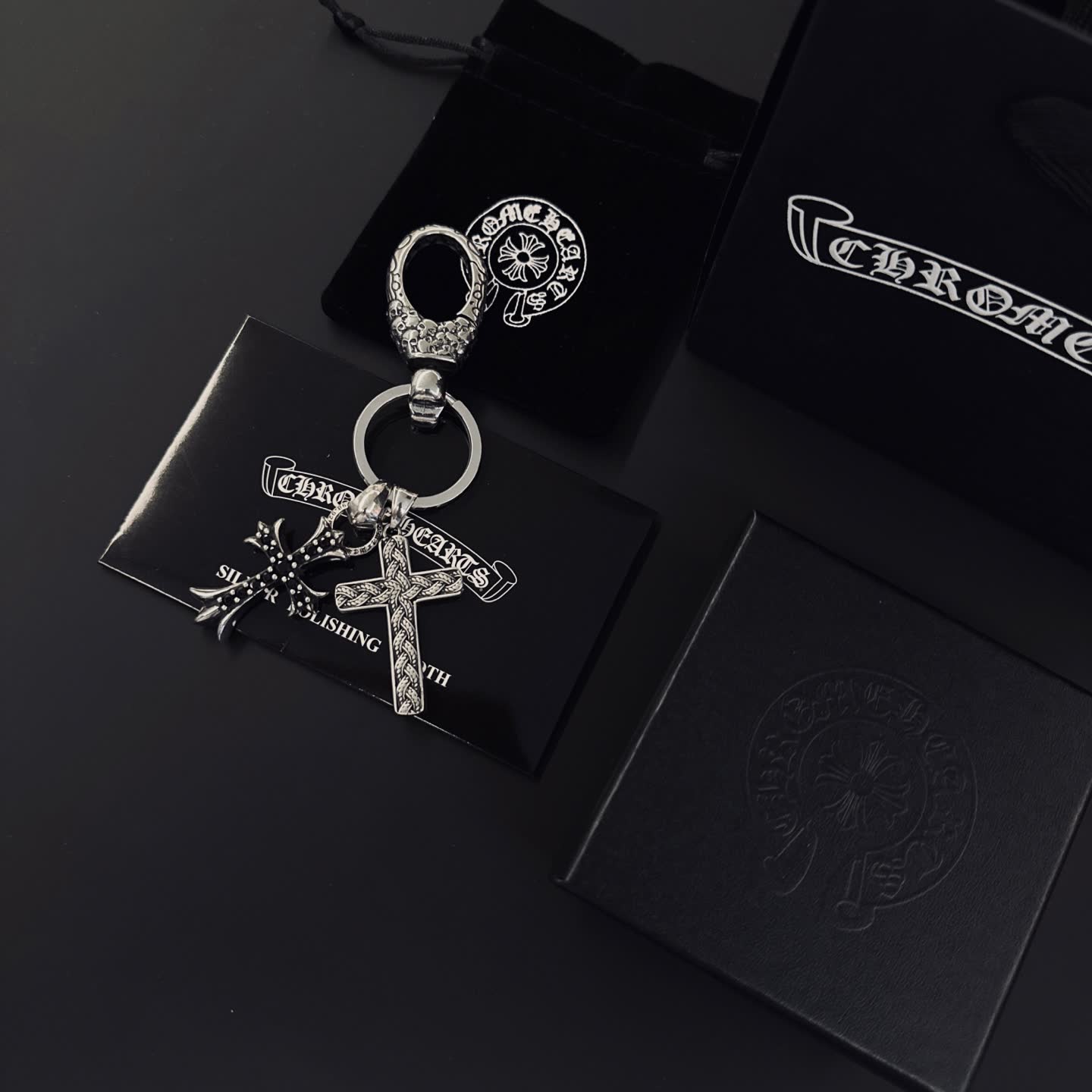 Chrome Hearts Silver Keychain with Cross Charms